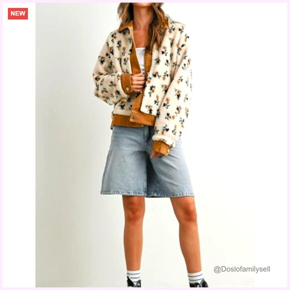 Oversized Sherpa Fleece Jacket Denim Collar Button Front Pockets - Picture 5 of 7